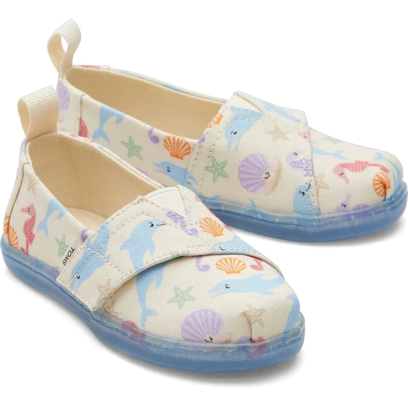 Toms Toms παιδική υφασμάτινη εσπραντρίγια για κορίτσια μπεζ Εσπαντρίγιες Κορίτσι / Espadrilles Girl 10020632_Tiny_Alpargata_NaturalOceanFriendsPrint_F